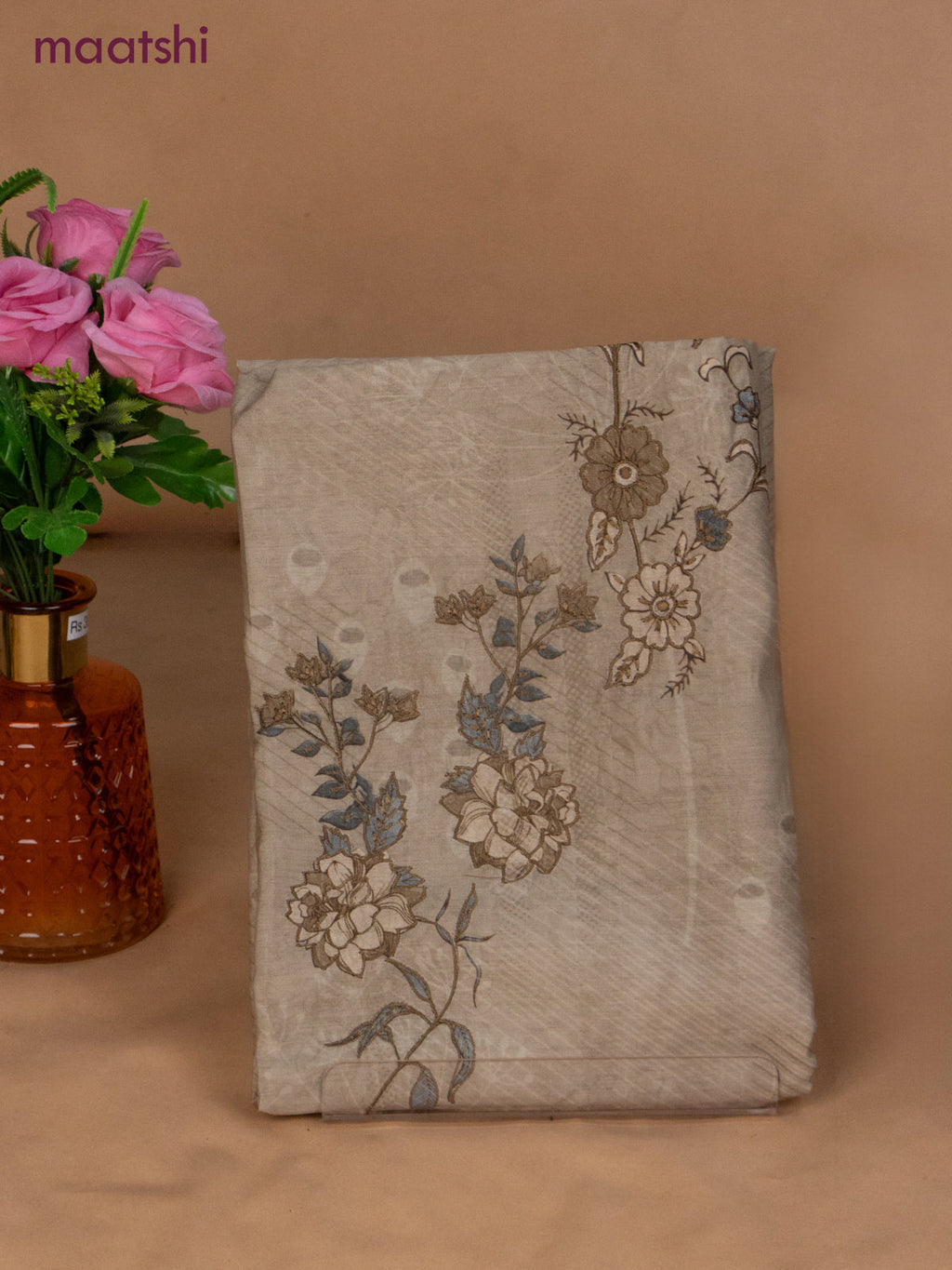 Chanderi dress material dark beige with floral prints & embroidery work and bottom & dupatta