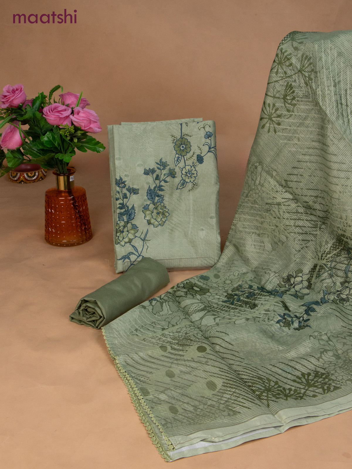 Chanderi dress material pastel green with floral prints & embroidery work and bottom & dupatta