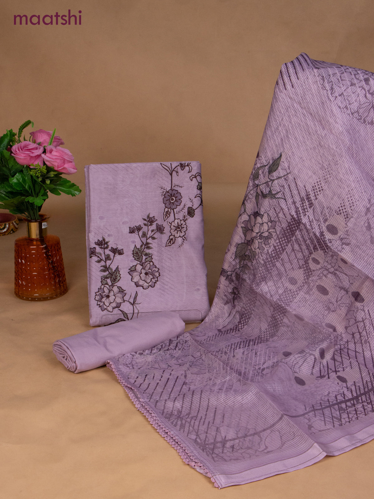 Chanderi dress material lavender shade with floral prints & embroidery work and bottom & dupatta