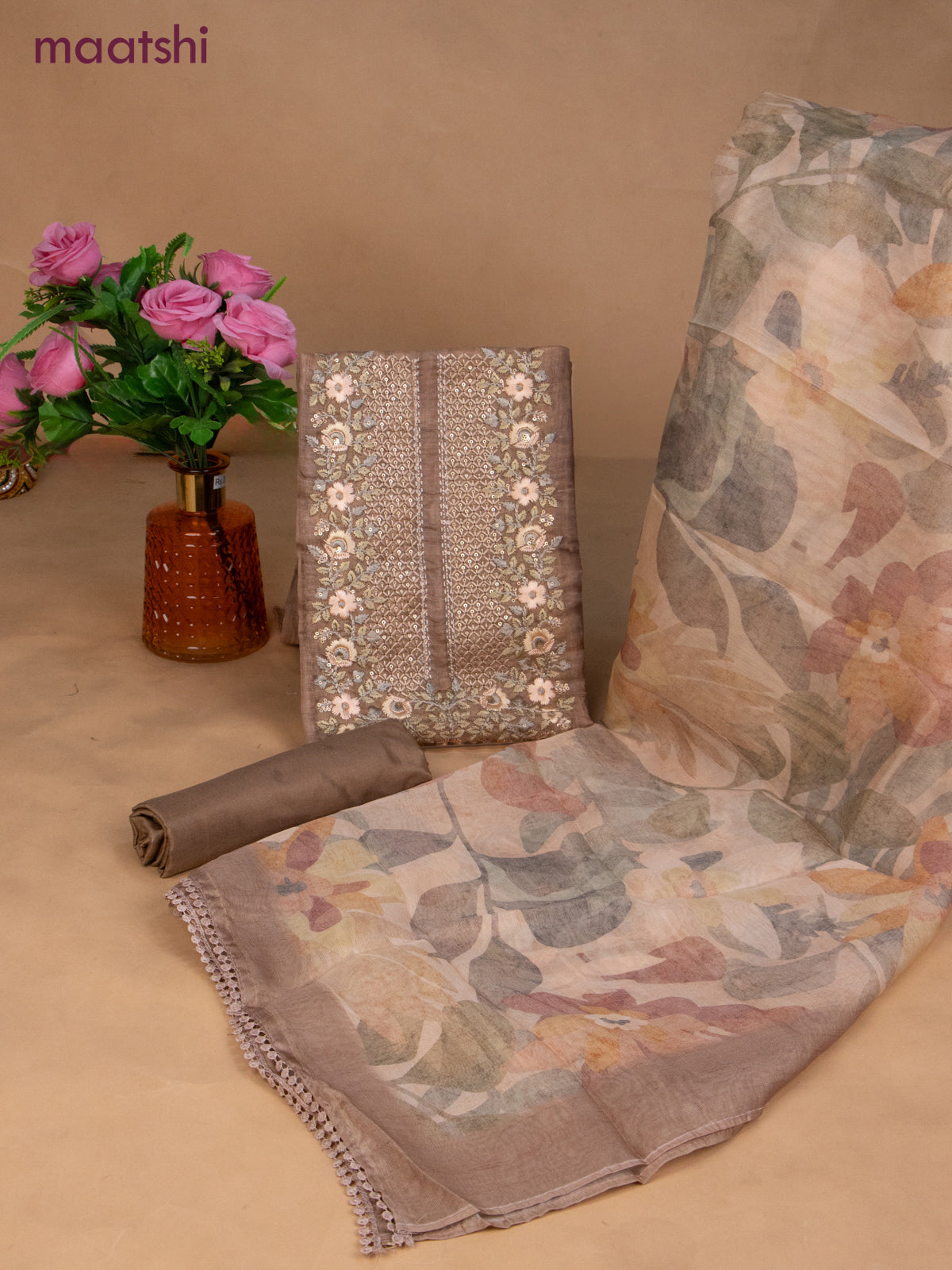 Chanderi dress material brown with sequin & embroidery work neck pattern and bottom & dupatta