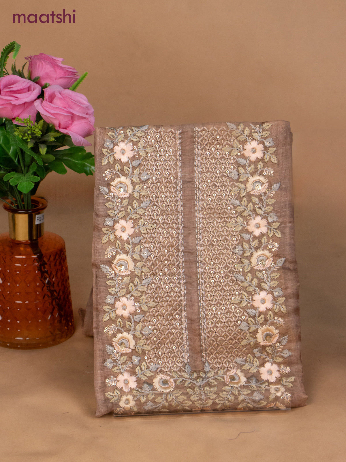 Chanderi dress material brown with sequin & embroidery work neck pattern and bottom & dupatta