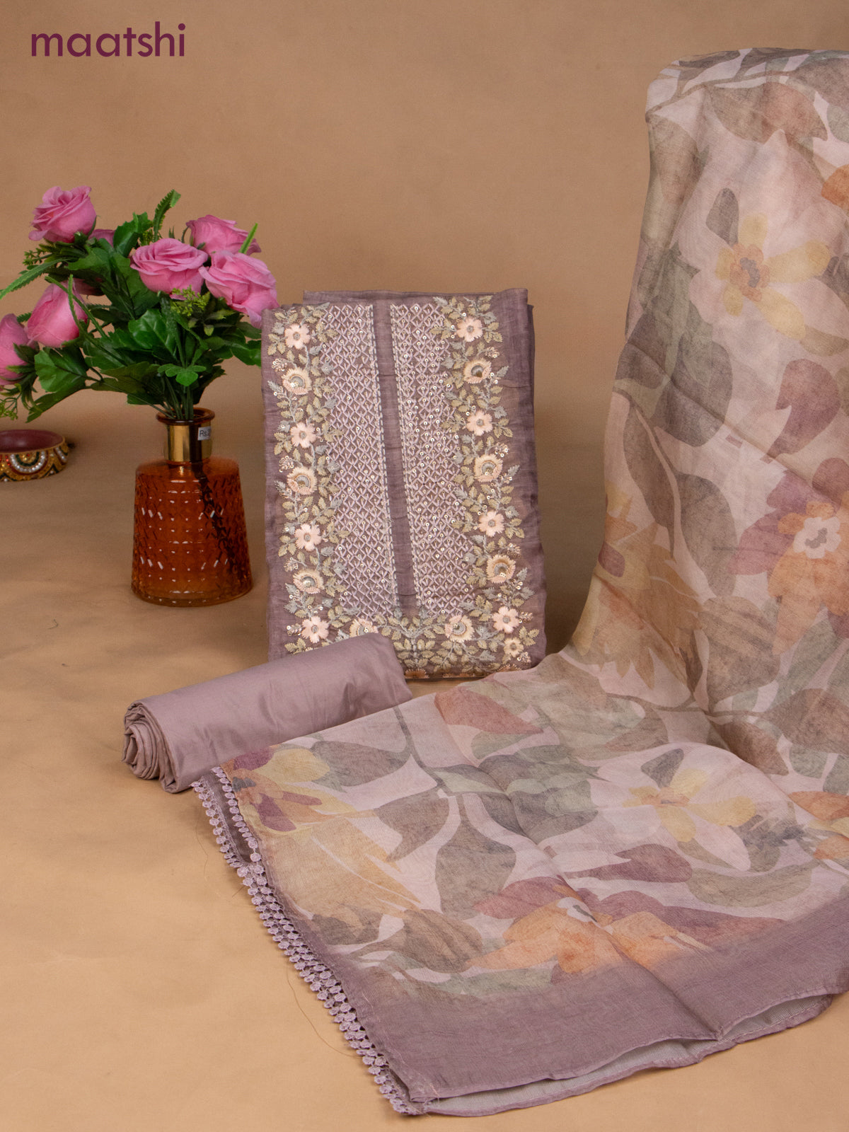 Chanderi dress material rosy brown with sequin & embroidery work neck pattern and bottom & dupatta