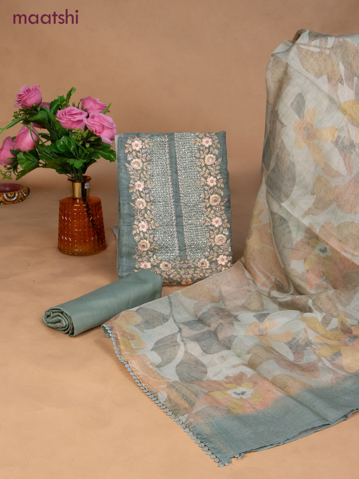 Chanderi dress material teal shade with sequin & embroidery work neck pattern and bottom & dupatta