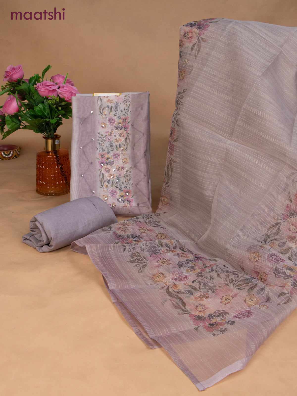 Chanderi dress material grey shade with sequin & embroidery work neck pattern and bottom & dupatta