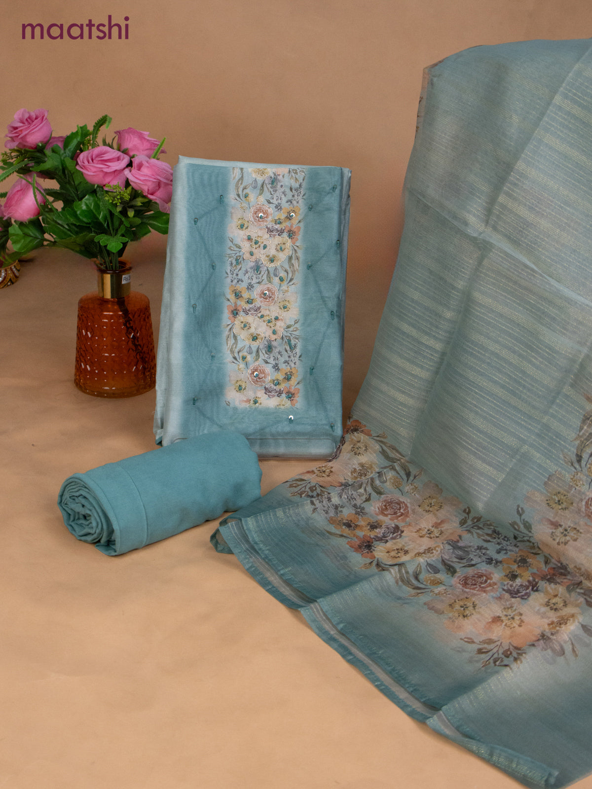 Chanderi dress material pastel blue with sequin & embroidery work neck pattern and bottom & dupatta