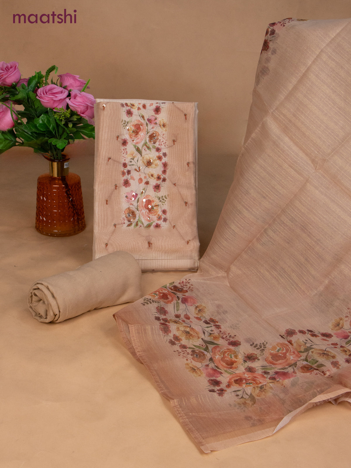 Chanderi dress material beige and brown shade with sequin & embroidery work neck pattern and bottom & dupatta