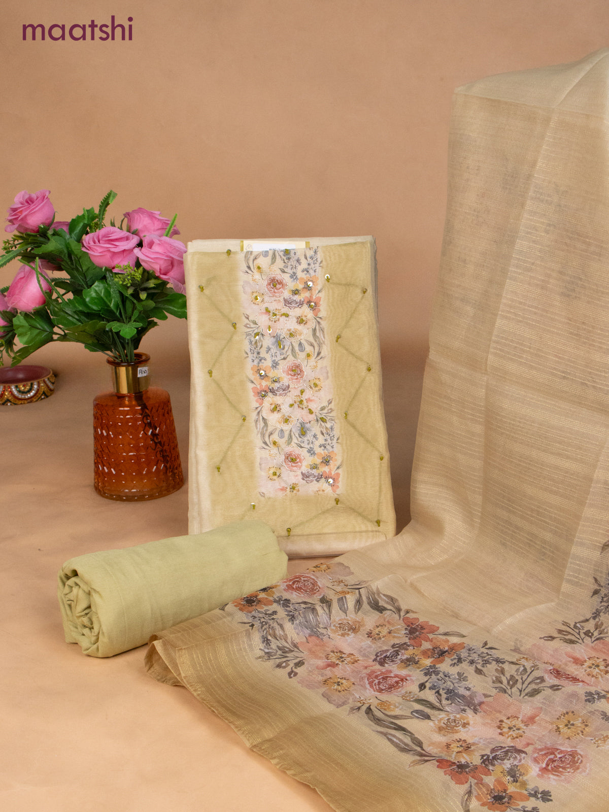 Chanderi dress material cream and green shade with sequin & embroidery work neck pattern and bottom & dupatta