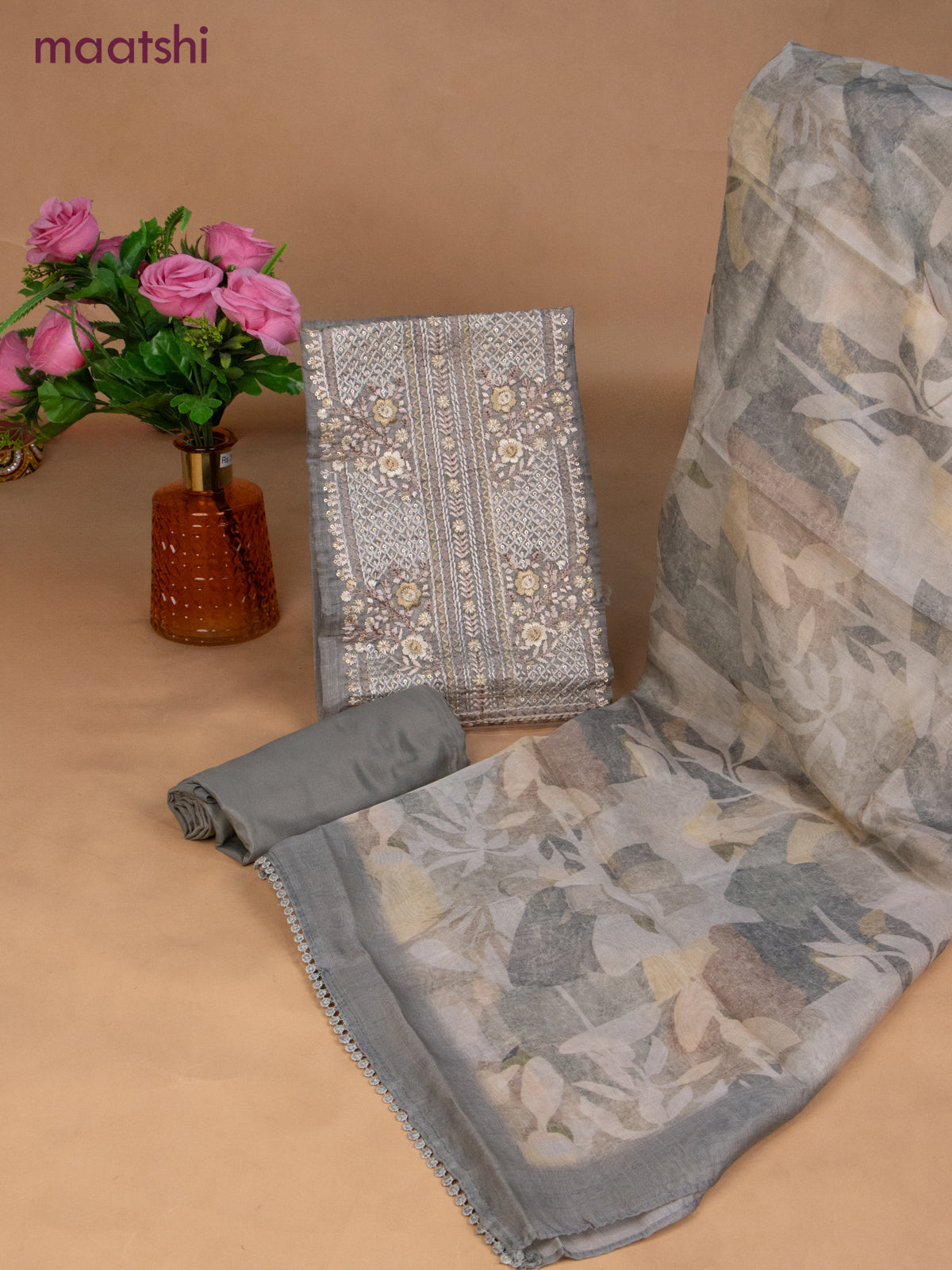Chanderi dress material grey with sequin & embroidery work neck pattern and bottom & dupatta