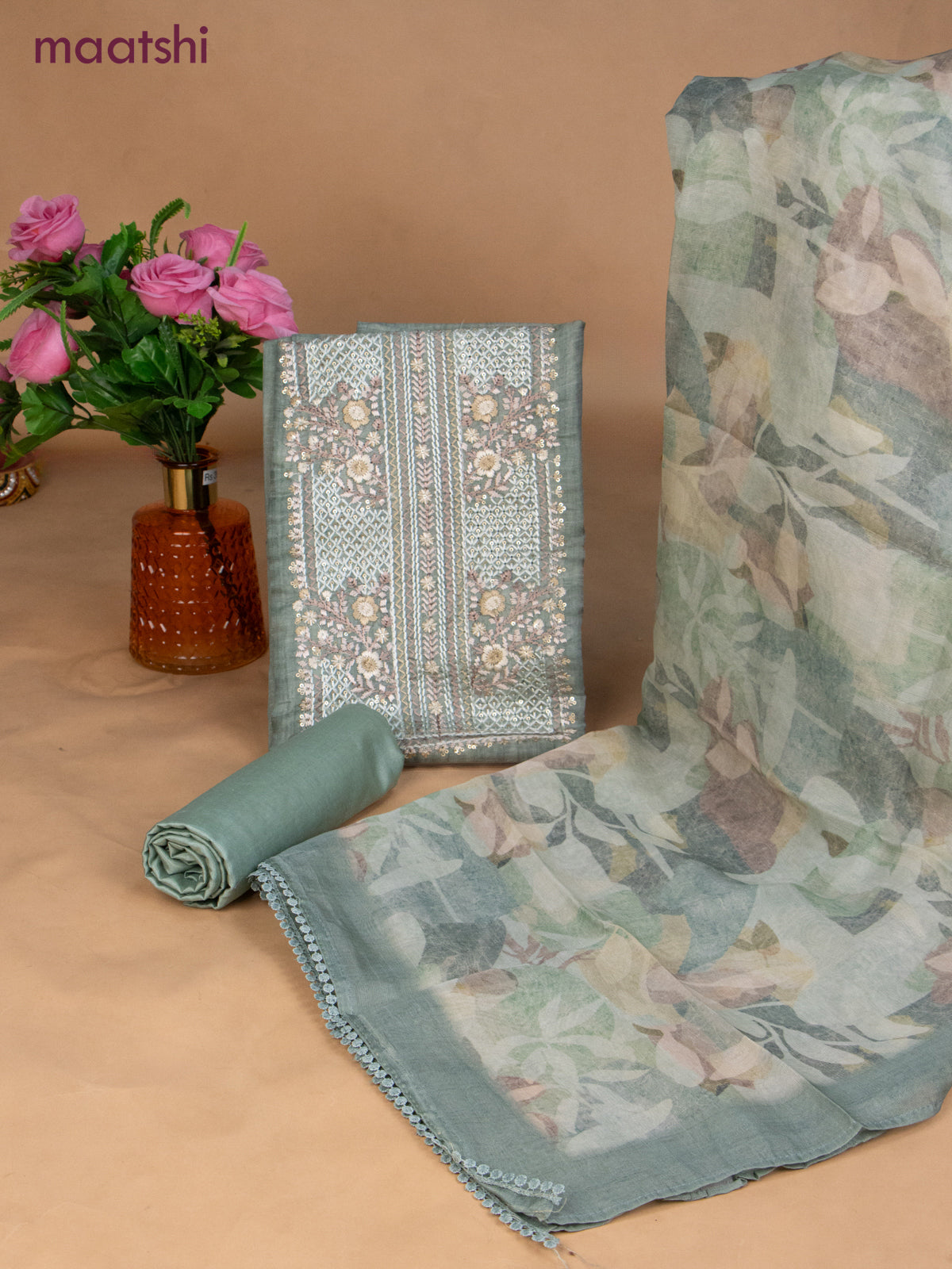Chanderi dress material teal shade with sequin & embroidery work neck pattern and bottom & dupatta