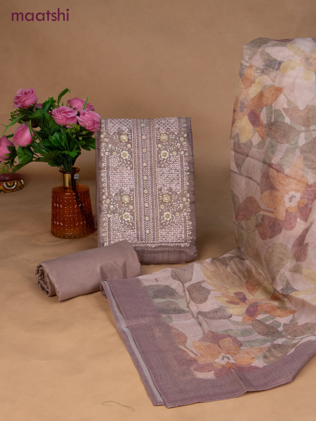 Chanderi dress material roay brown with sequin & embroidery work neck pattern and bottom & dupatta