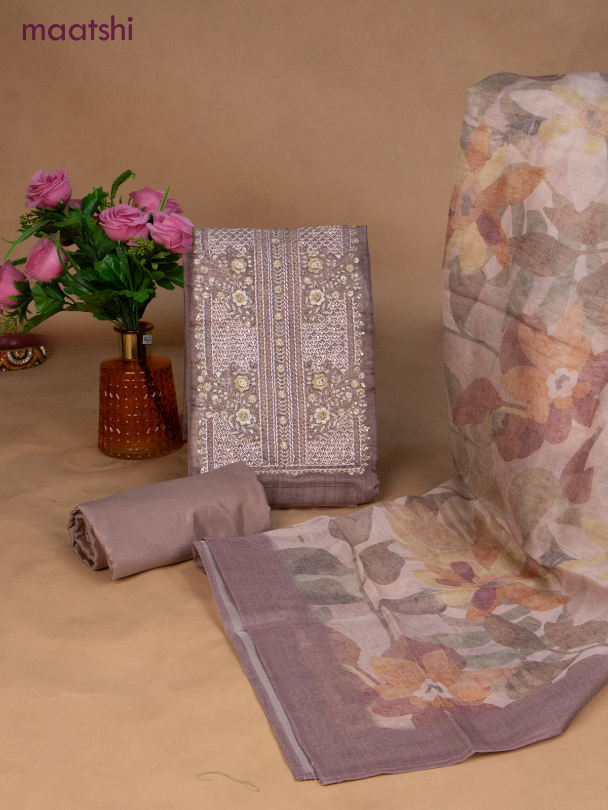 Chanderi dress material roay brown with sequin & embroidery work neck pattern and bottom & dupatta