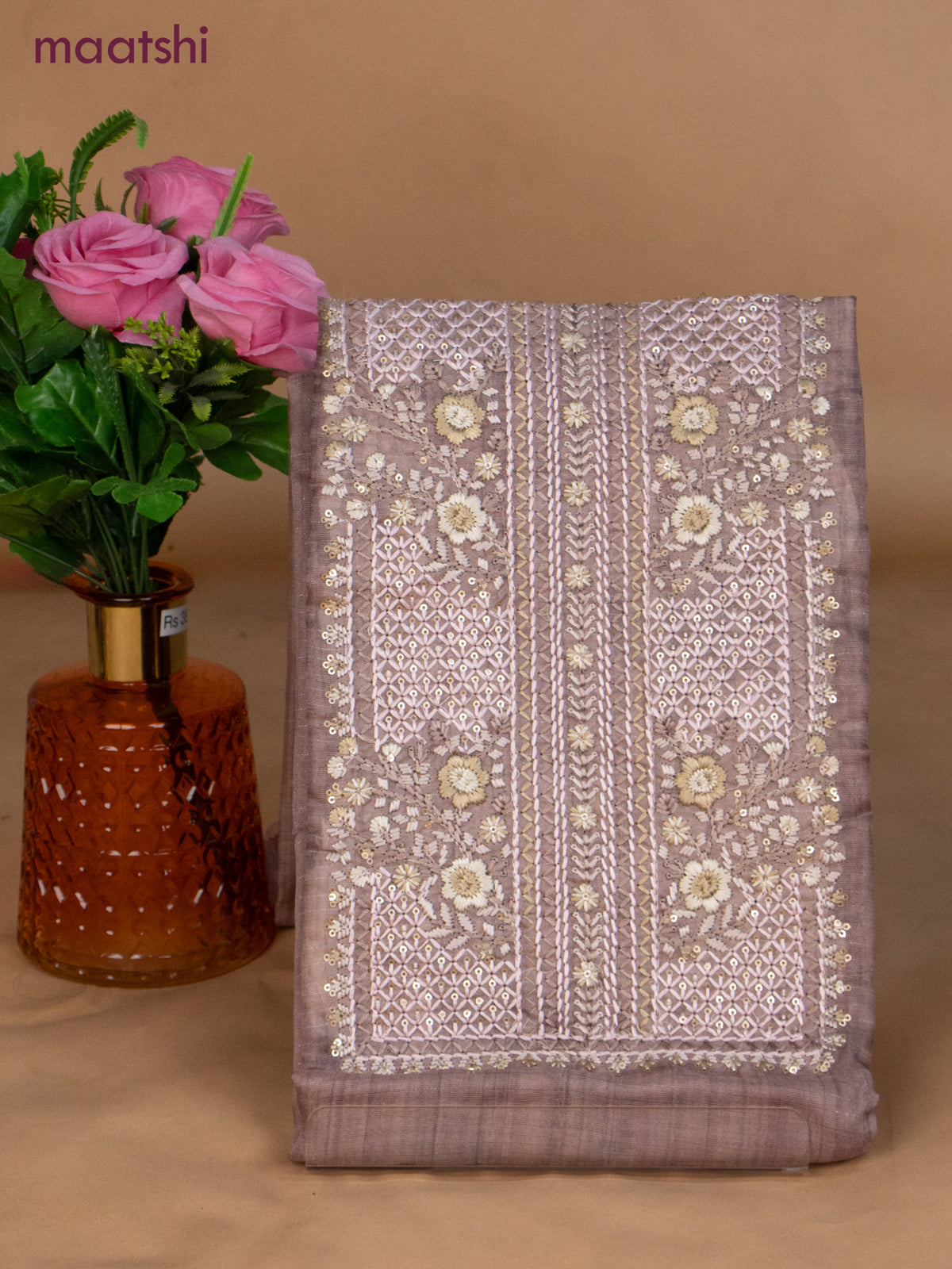 Chanderi dress material roay brown with sequin & embroidery work neck pattern and bottom & dupatta