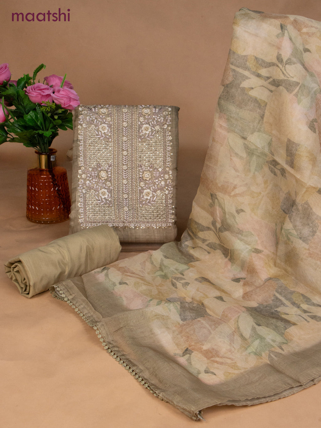 Chanderi dress material eleichi green with sequin & embroidery work neck pattern and bottom & dupatta