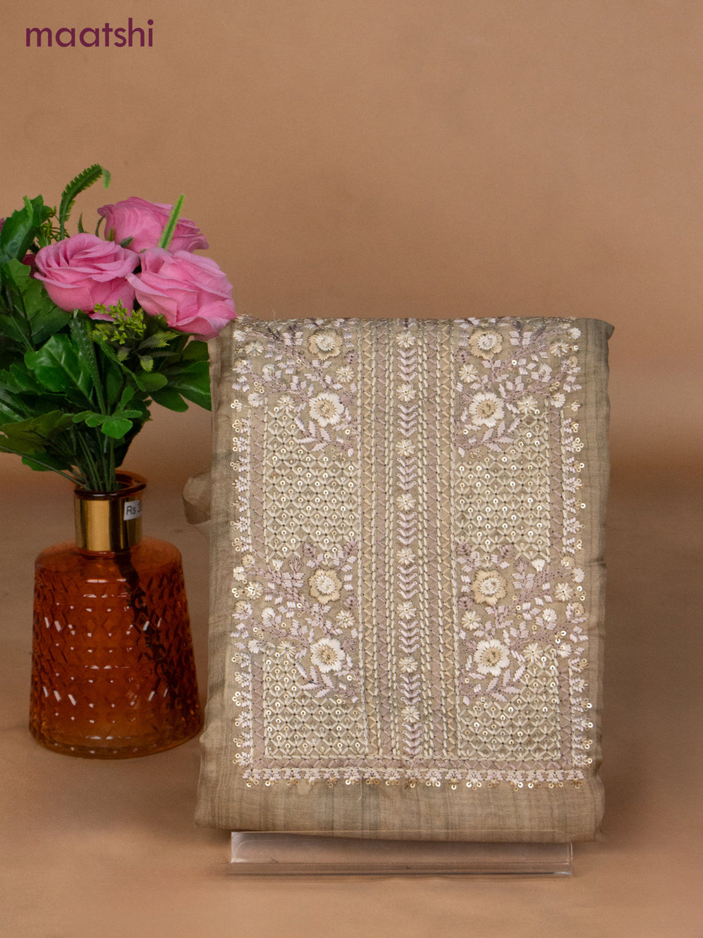 Chanderi dress material eleichi green with sequin & embroidery work neck pattern and bottom & dupatta