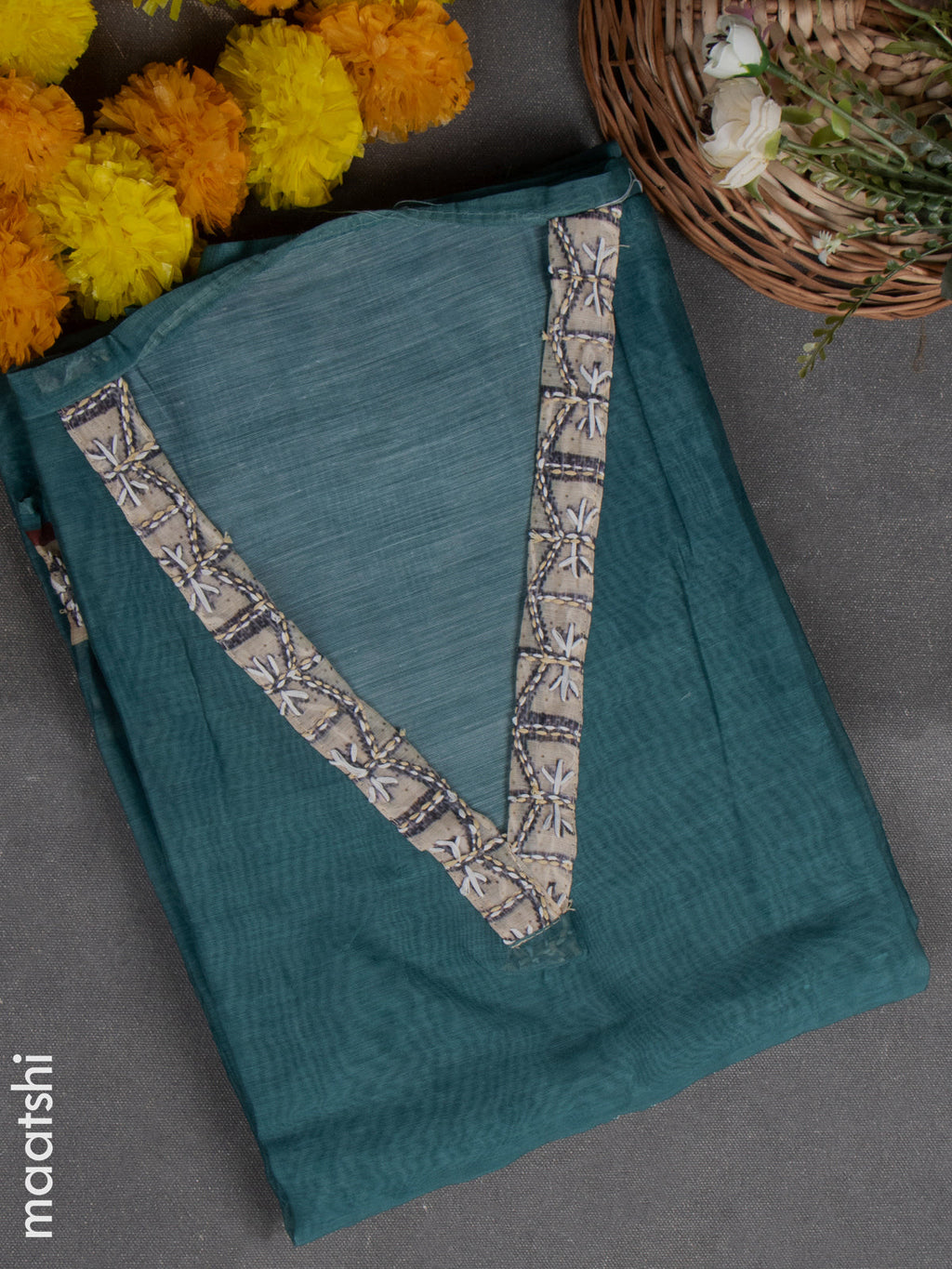Chanderi dress material teal green with kantha stitch work & v neck pattern and bottom & kantha work dupatta