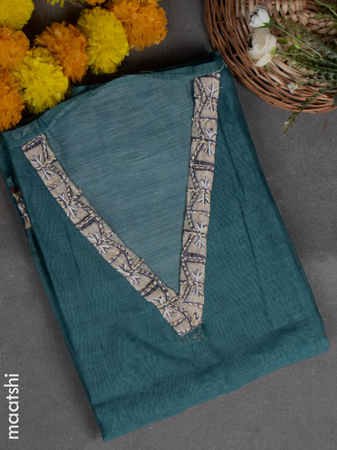 Chanderi dress material teal green with kantha stitch work & v neck pattern and bottom & kantha work dupatta