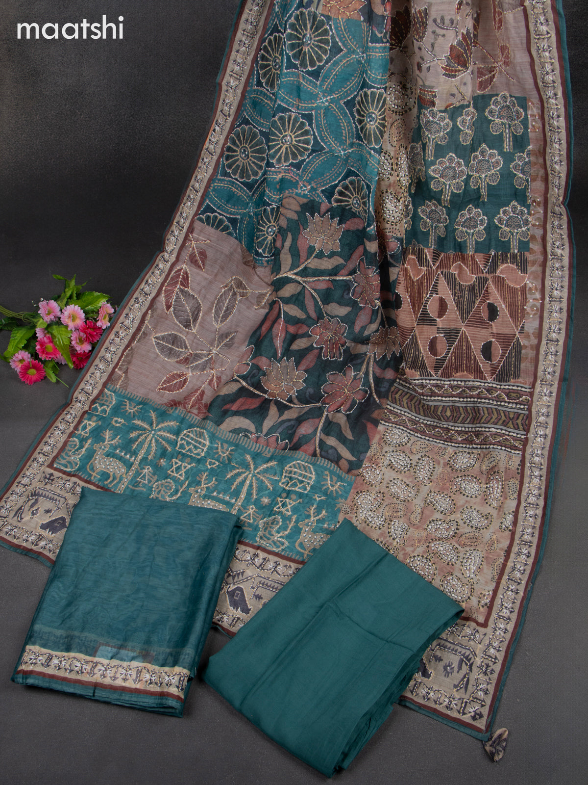 Chanderi dress material teal green with kantha stitch work & v neck pattern and bottom & kantha work dupatta