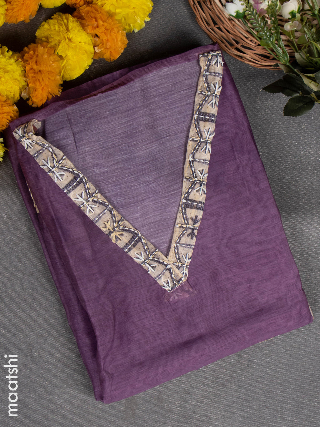 Chanderi dress material purple with kantha stitch work & v neck pattern and bottom & kantha work dupatta