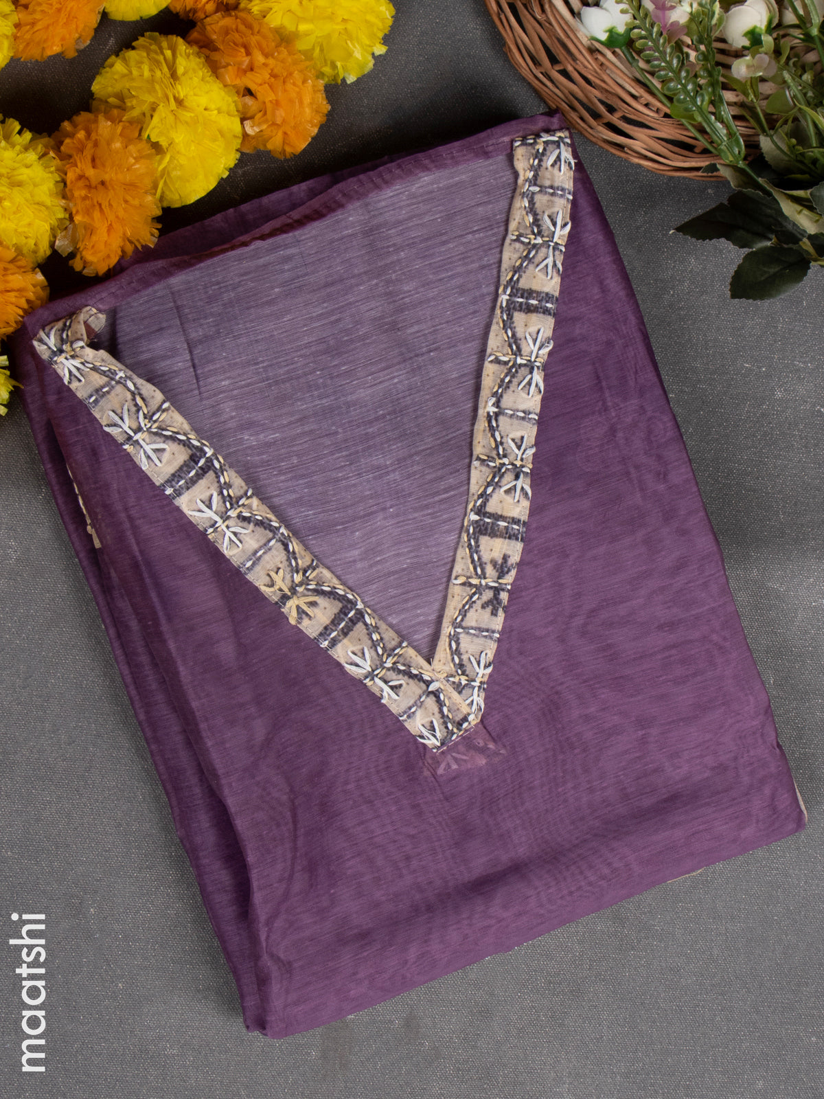 Chanderi dress material purple with kantha stitch work & v neck pattern and bottom & kantha work dupatta