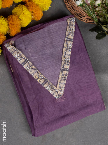 Chanderi dress material purple with kantha stitch work & v neck pattern and bottom & kantha work dupatta