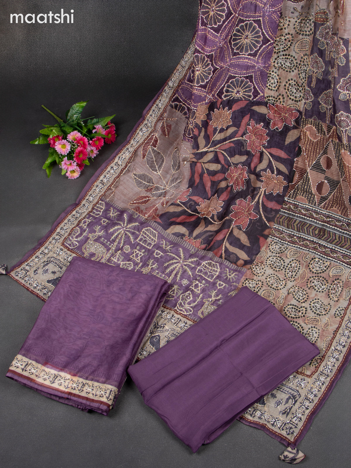 Chanderi dress material purple with kantha stitch work & v neck pattern and bottom & kantha work dupatta