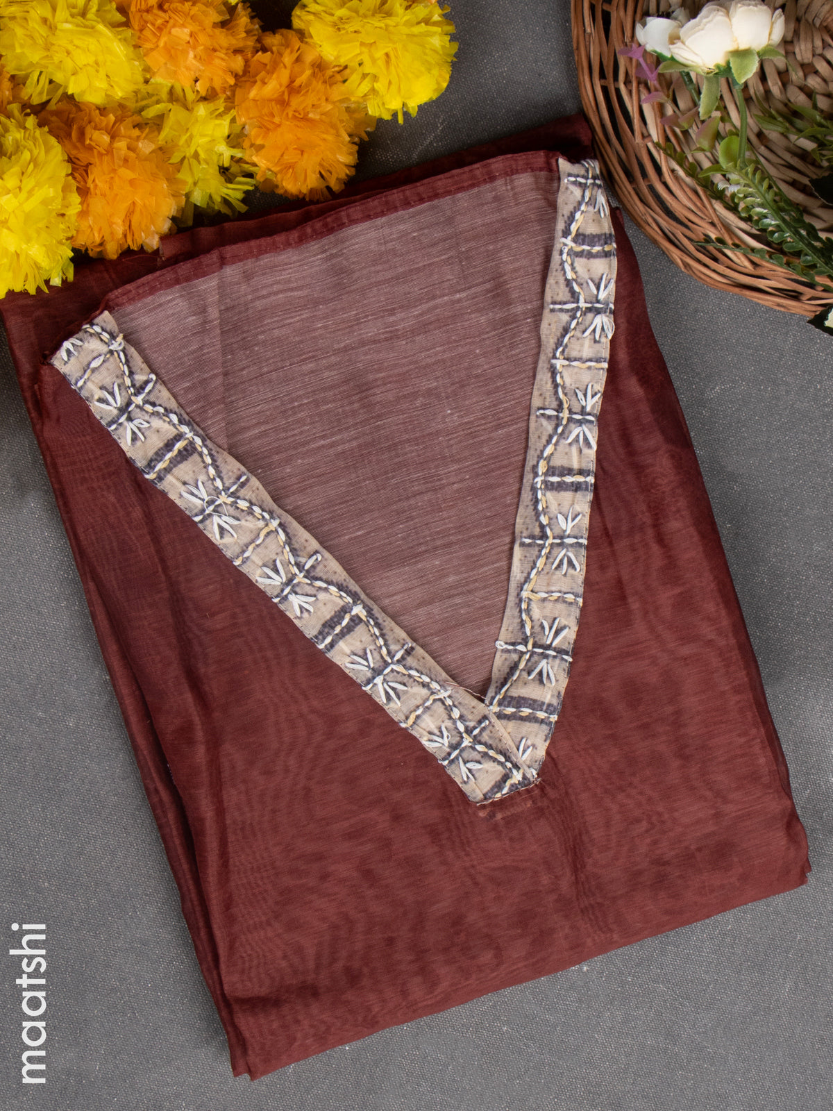 Chanderi dress material brown with kantha stitch work & v neck pattern and bottom & kantha work dupatta