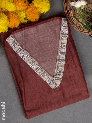 Chanderi dress material brown with kantha stitch work & v neck pattern and bottom & kantha work dupatta
