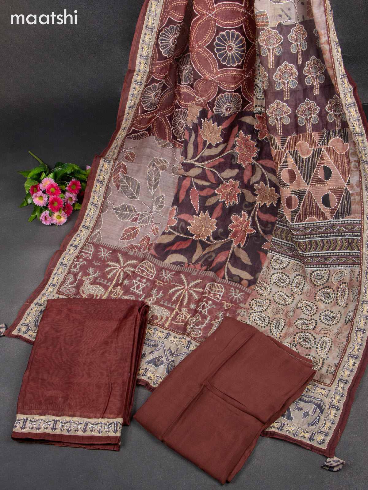 Chanderi dress material brown with kantha stitch work & v neck pattern and bottom & kantha work dupatta