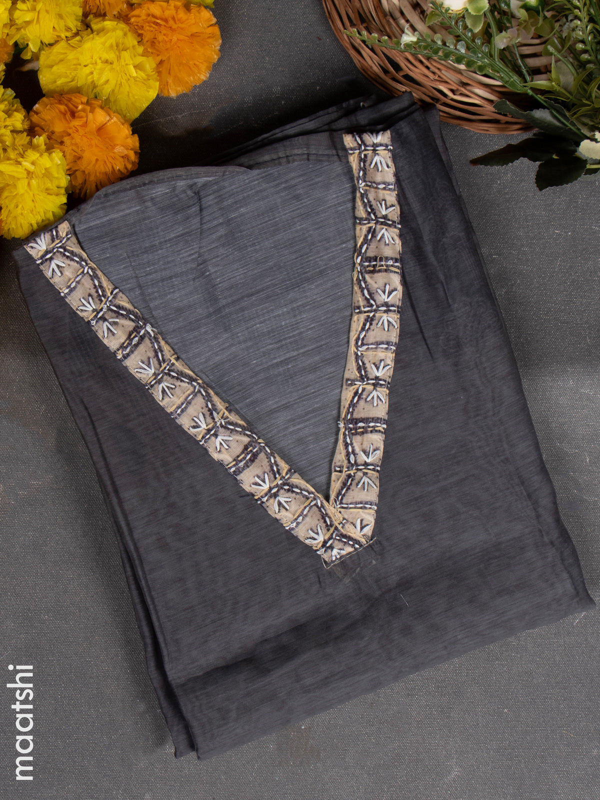 Chanderi dress material grey with kantha stitch work & v neck pattern and bottom & kantha work dupatta