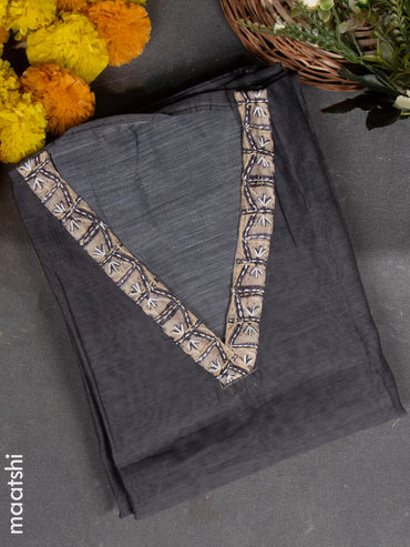 Chanderi dress material grey with kantha stitch work & v neck pattern and bottom & kantha work dupatta