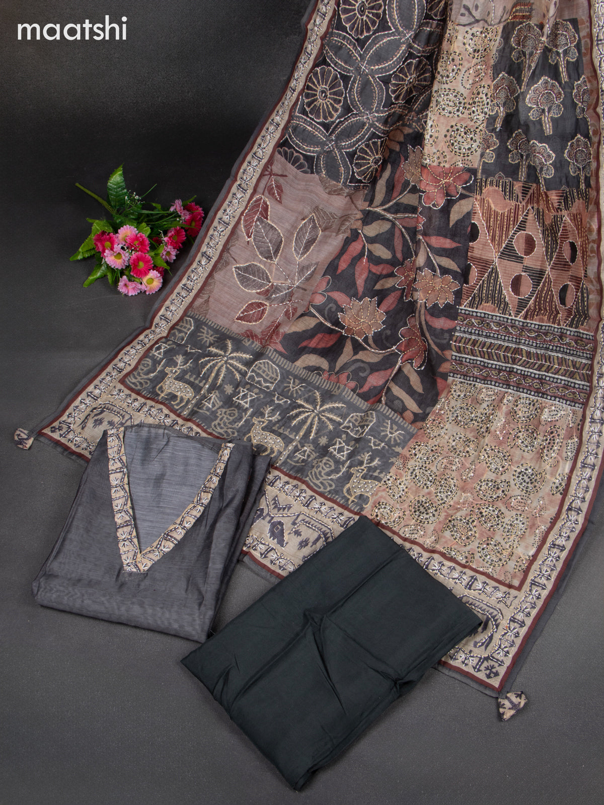 Chanderi dress material grey with kantha stitch work & v neck pattern and bottom & kantha work dupatta