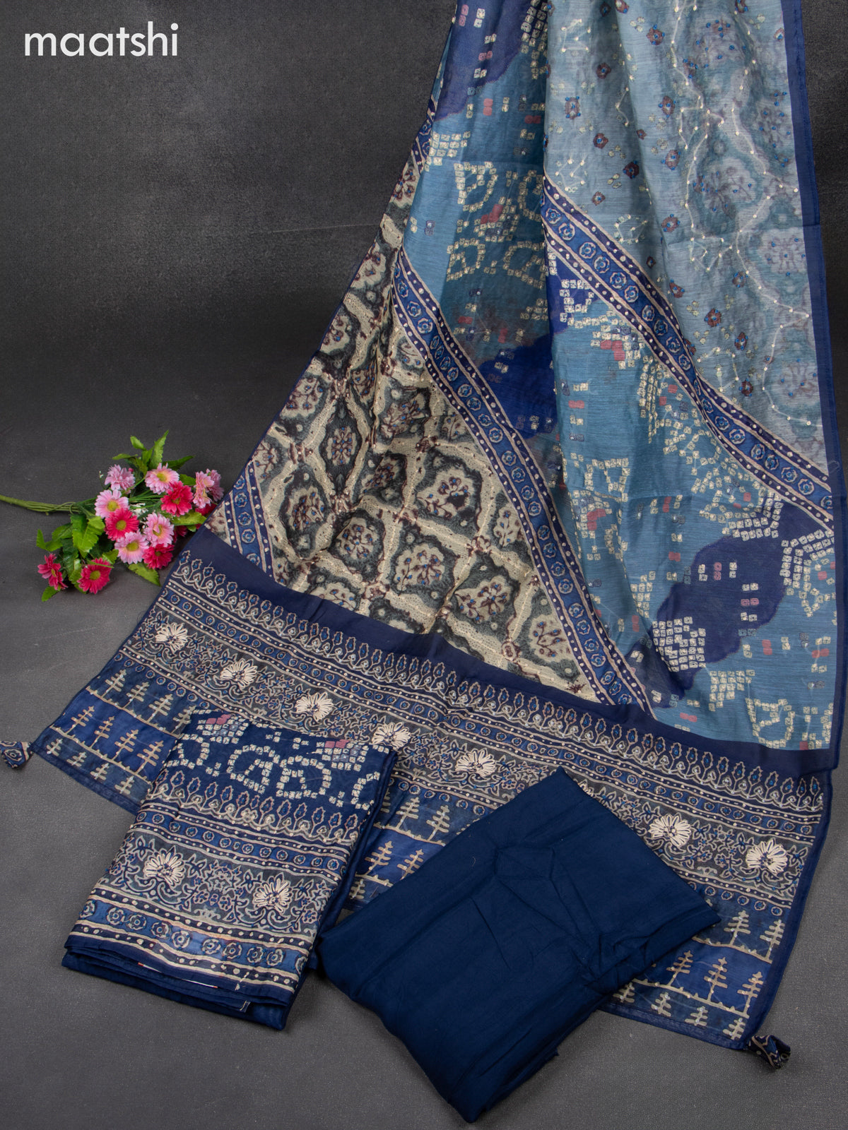 Chanderi dress material blue and beige with french knot work & v neck pattern and bottom & french knot dupatta