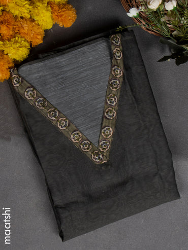 Chanderi dress material green and beige with french knot work & v neck pattern and bottom & french knot dupatta
