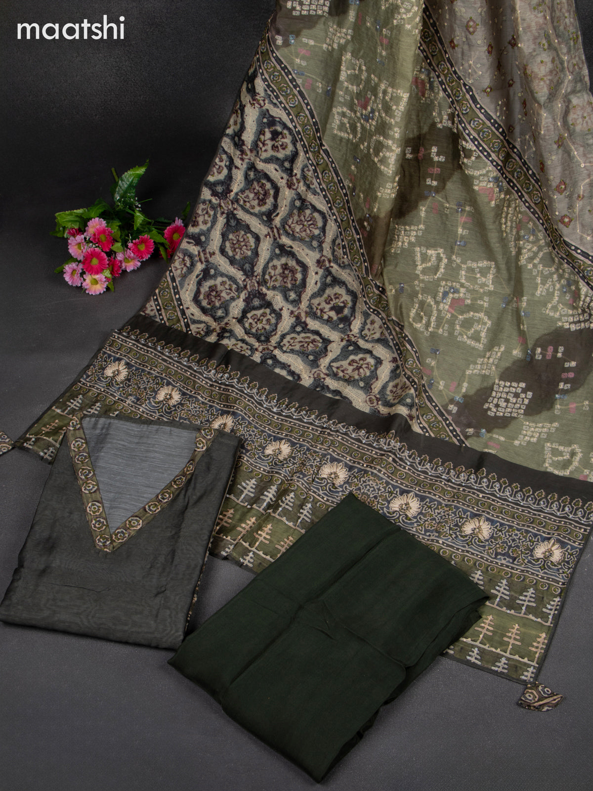 Chanderi dress material green and beige with french knot work & v neck pattern and bottom & french knot dupatta