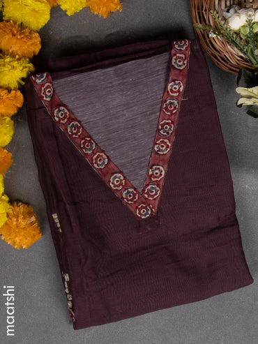 Chanderi dress material dark brown and beige with french knot work & v neck pattern and bottom & french knot dupatta
