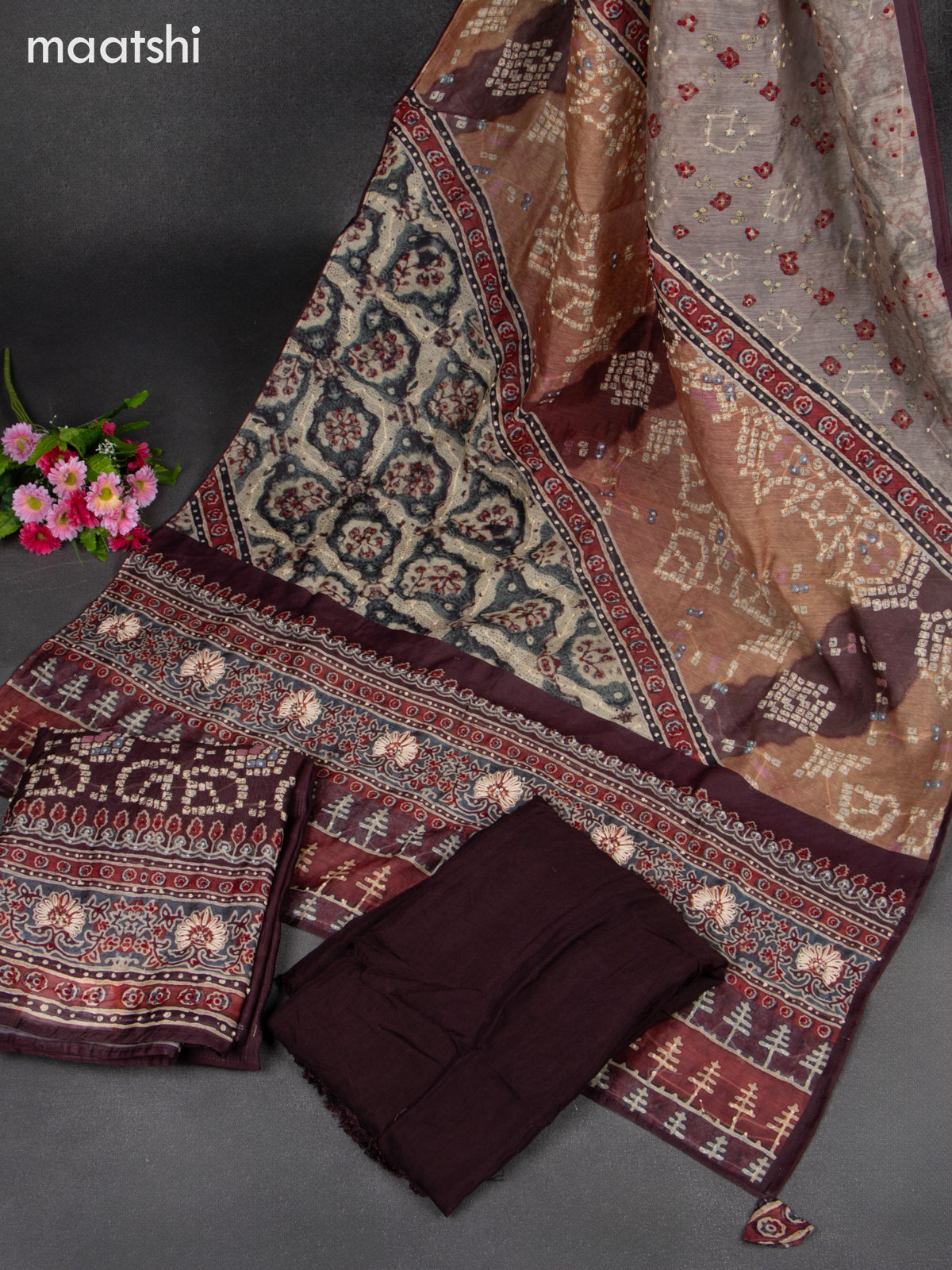 Chanderi dress material dark brown and beige with french knot work & v neck pattern and bottom & french knot dupatta