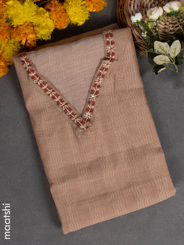 Chanderi dress material khaki with embroidery & sequin v neck pattern and bottom & kantha stitch dupatta