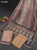 Chanderi dress material khaki with embroidery & sequin v neck pattern and bottom & kantha stitch dupatta