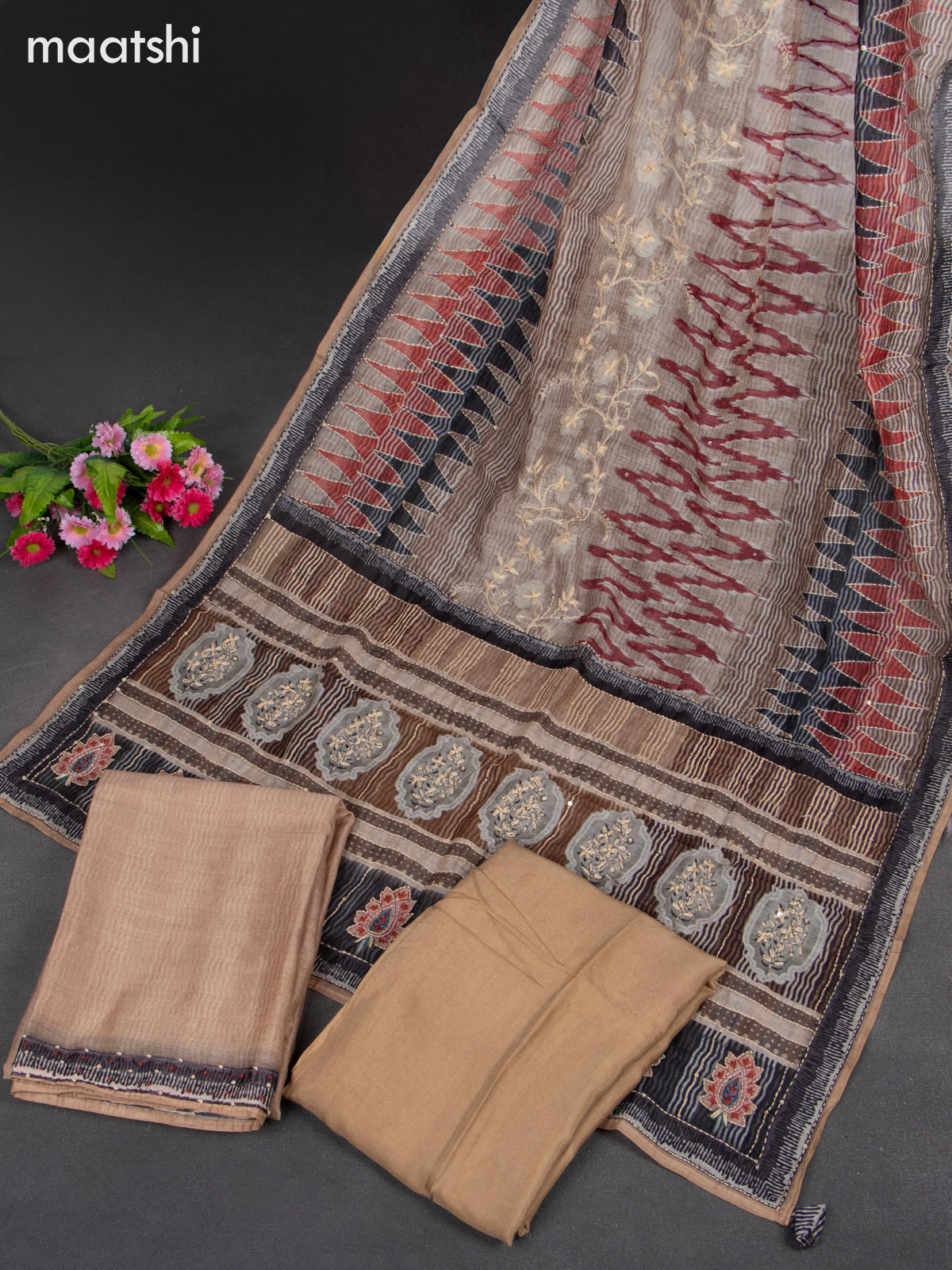 Chanderi dress material khaki with embroidery & sequin v neck pattern and bottom & kantha stitch dupatta