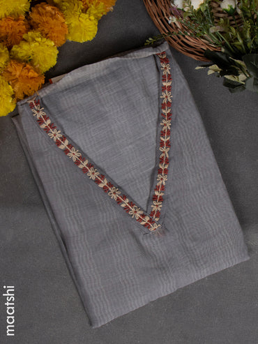 Chanderi dress material grey with embroidery & sequin v neck pattern and bottom & kantha stitch dupatta