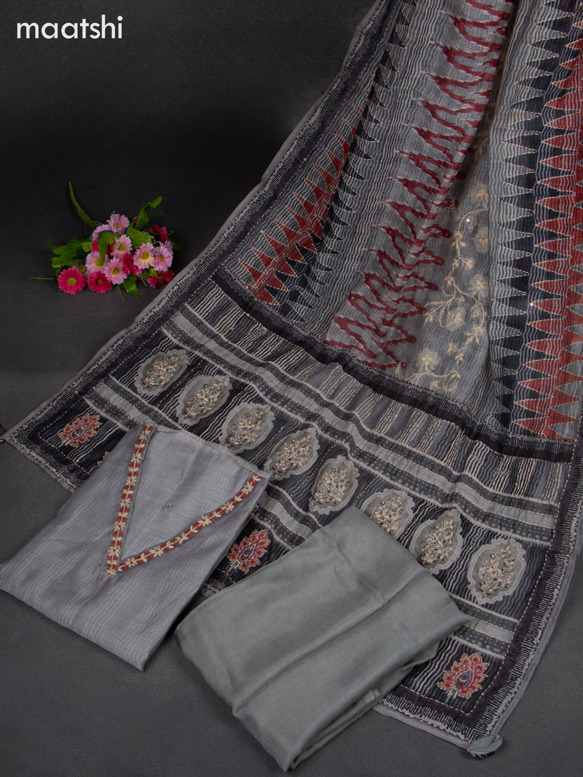 Chanderi dress material grey with embroidery & sequin v neck pattern and bottom & kantha stitch dupatta