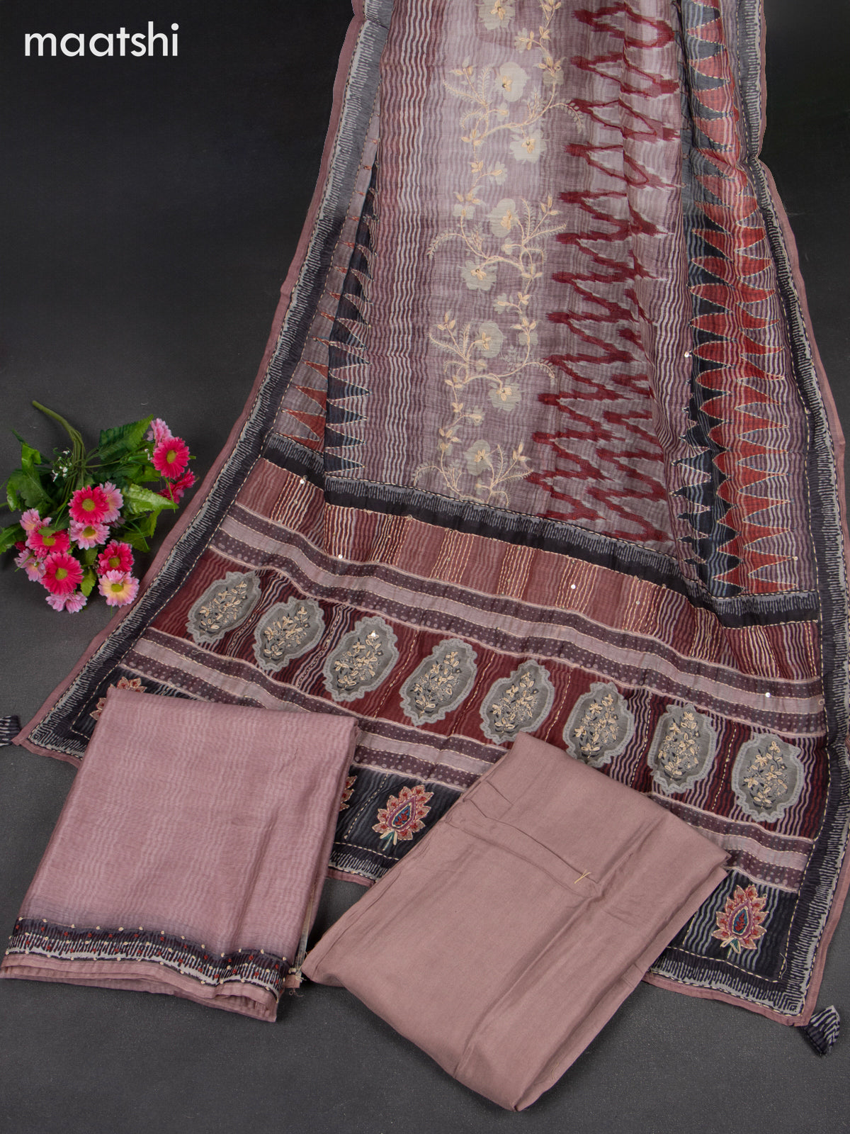 Chanderi dress material pastel pink with embroidery & sequin v neck pattern and bottom & kantha stitch dupatta