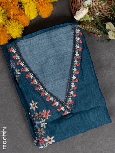 Chanderi dress material green shade with embroidery & sequin v neck pattern and bottom & kantha stitch dupatta