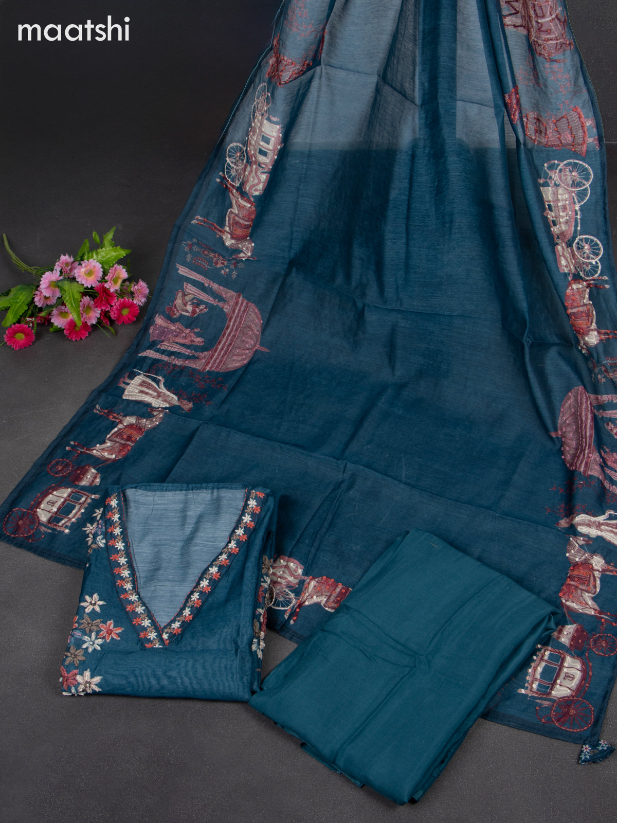 Chanderi dress material green shade with embroidery & sequin v neck pattern and bottom & kantha stitch dupatta