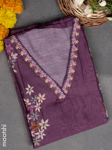 Chanderi dress material purple with embroidery work & v neck pattern and bottom & french knot dupatta