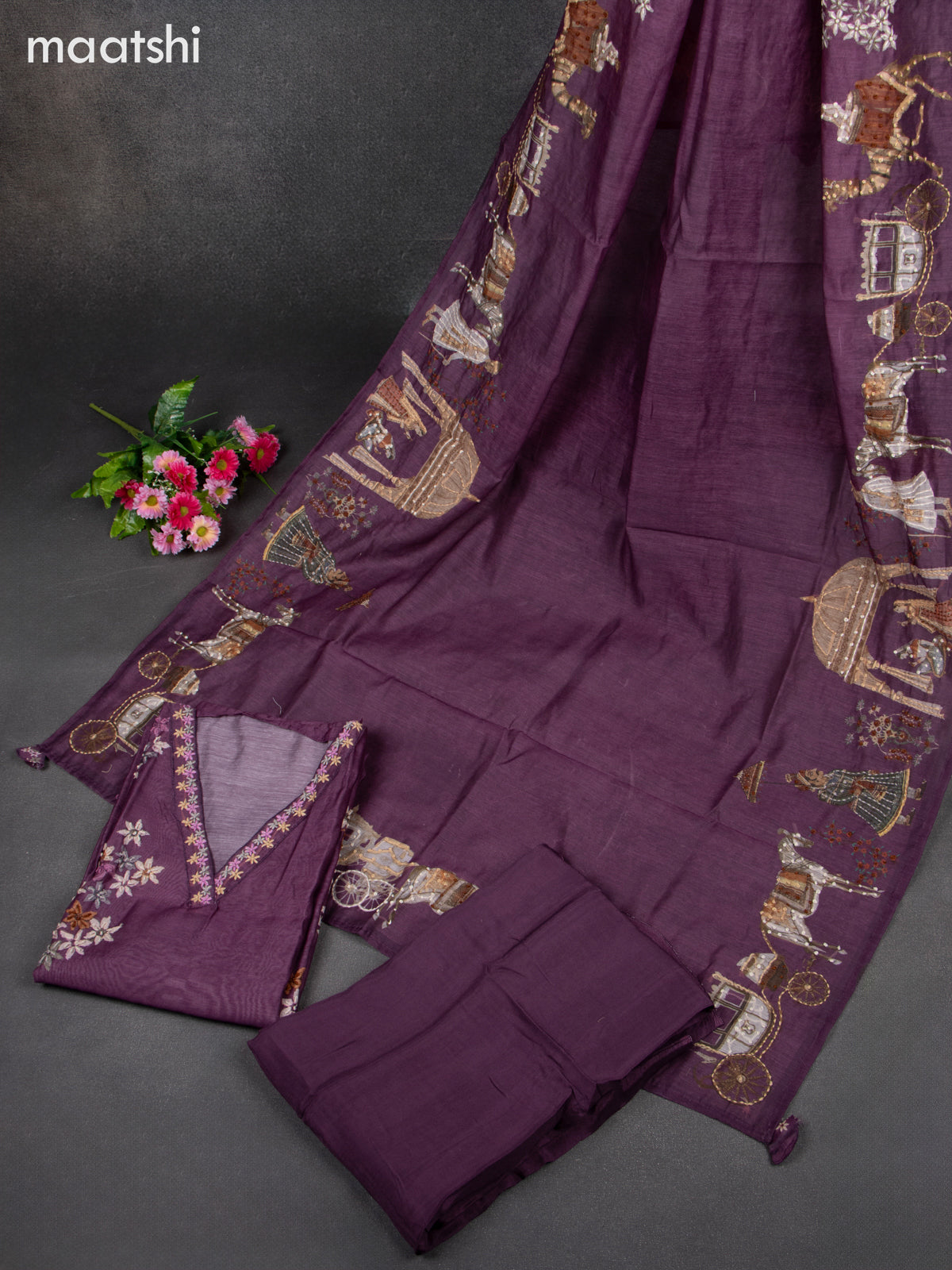 Chanderi dress material purple with embroidery work & v neck pattern and bottom & french knot dupatta