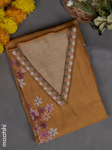 Chanderi dress material mustard with embroidery work & v neck pattern and bottom & french knot dupatta