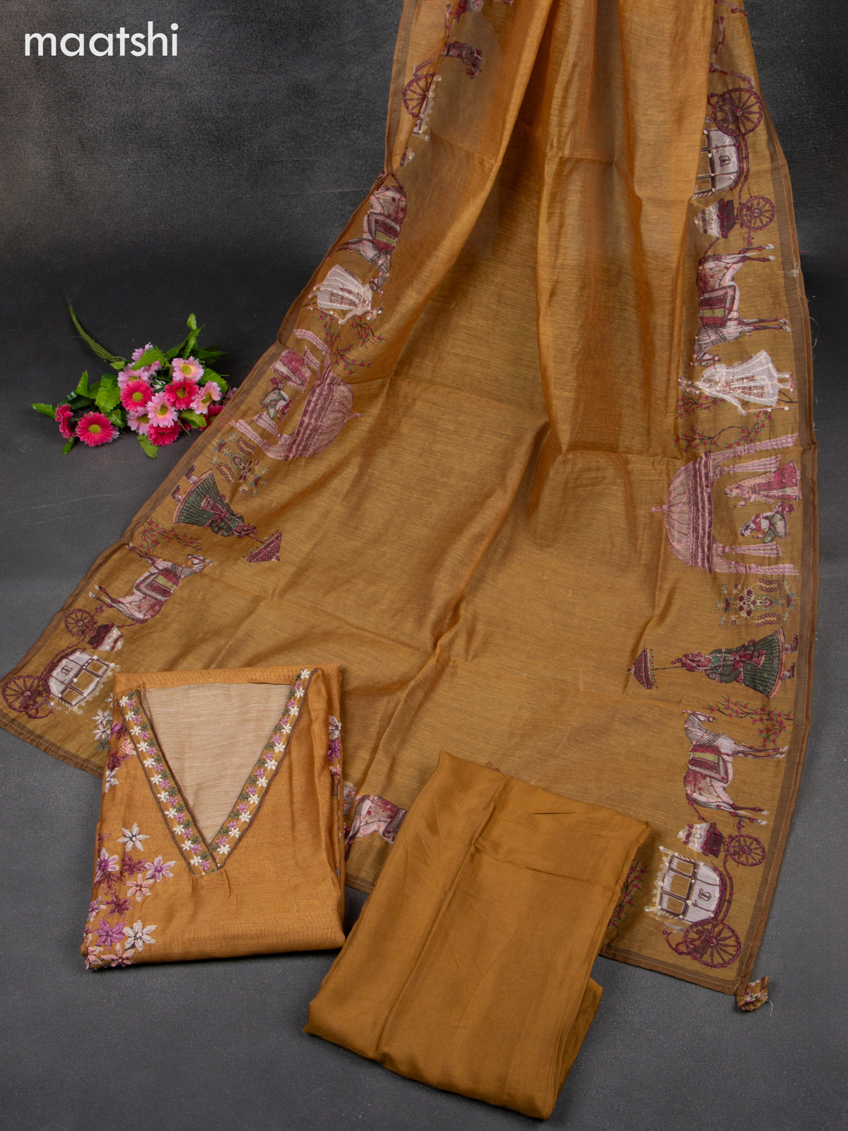 Chanderi dress material mustard with embroidery work & v neck pattern and bottom & french knot dupatta