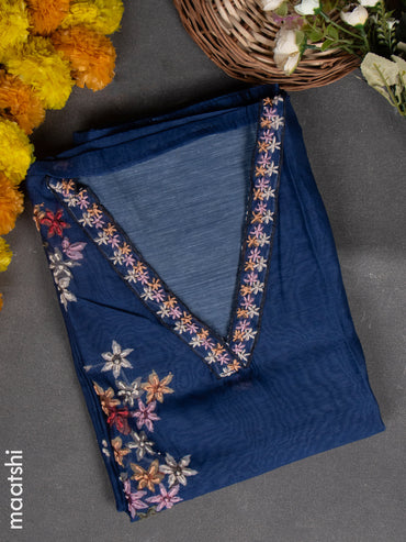 Chanderi dress material blue with embroidery work & v neck pattern and bottom & french knot dupatta
