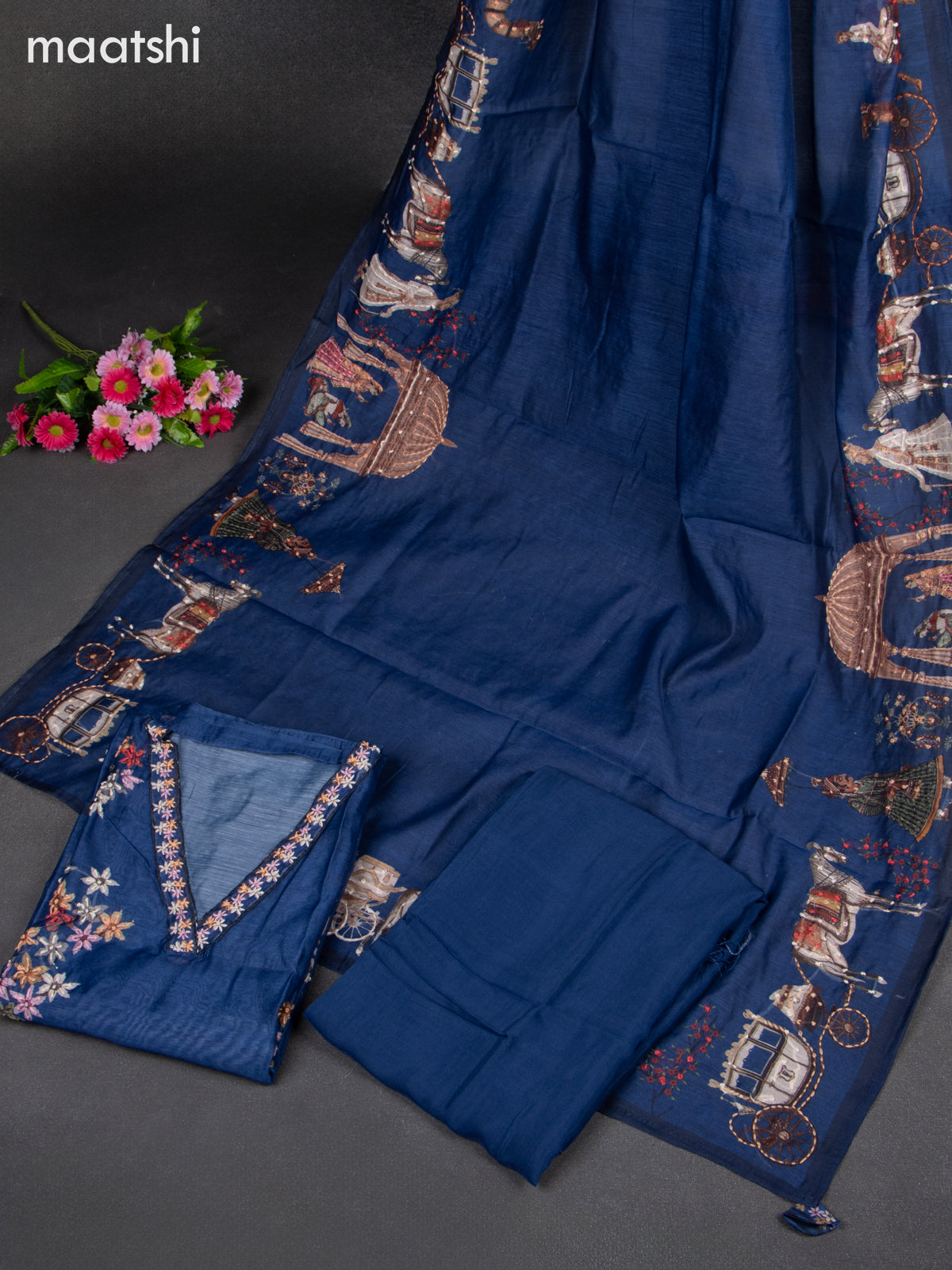 Chanderi dress material blue with embroidery work & v neck pattern and bottom & french knot dupatta